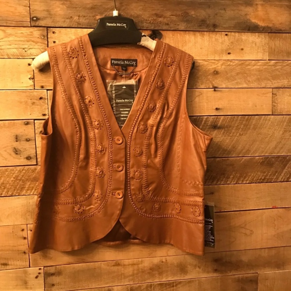 NWT Carmel Brown Leather Vest with embroidered acc